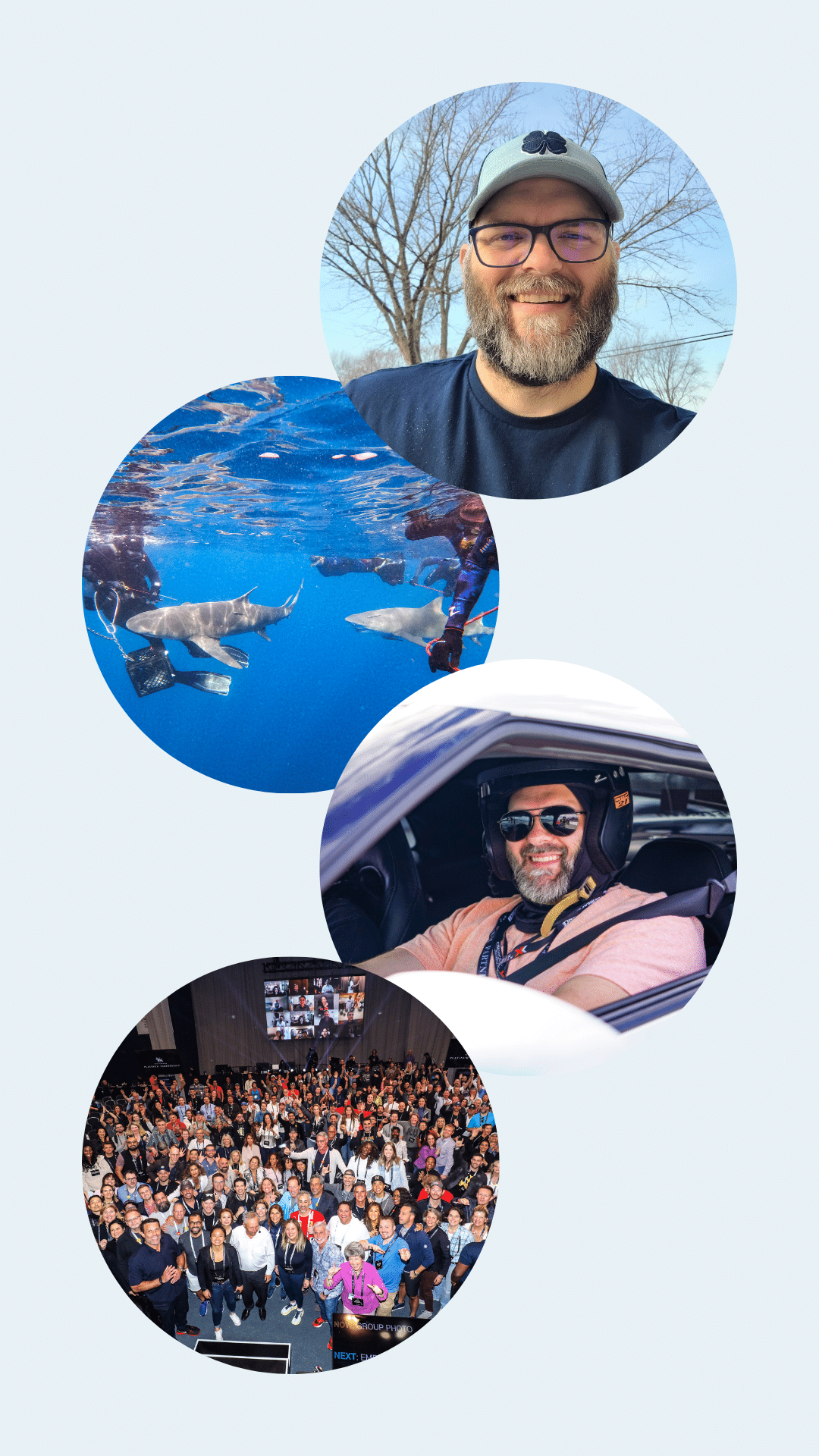 Collage of Darryl Langeness smiling, swimming with sharks, and driving a race car, representing his diverse experiences.