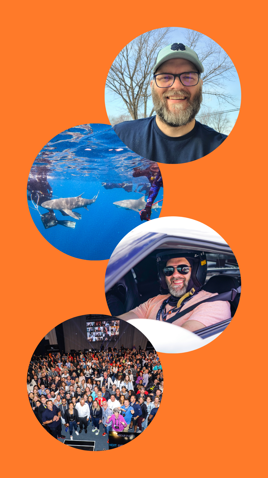 Darryl Langeness, founder of Beyond Barriers Coaching, engaging in various activities including snorkeling with sharks, driving a race car, and attending a large conference.